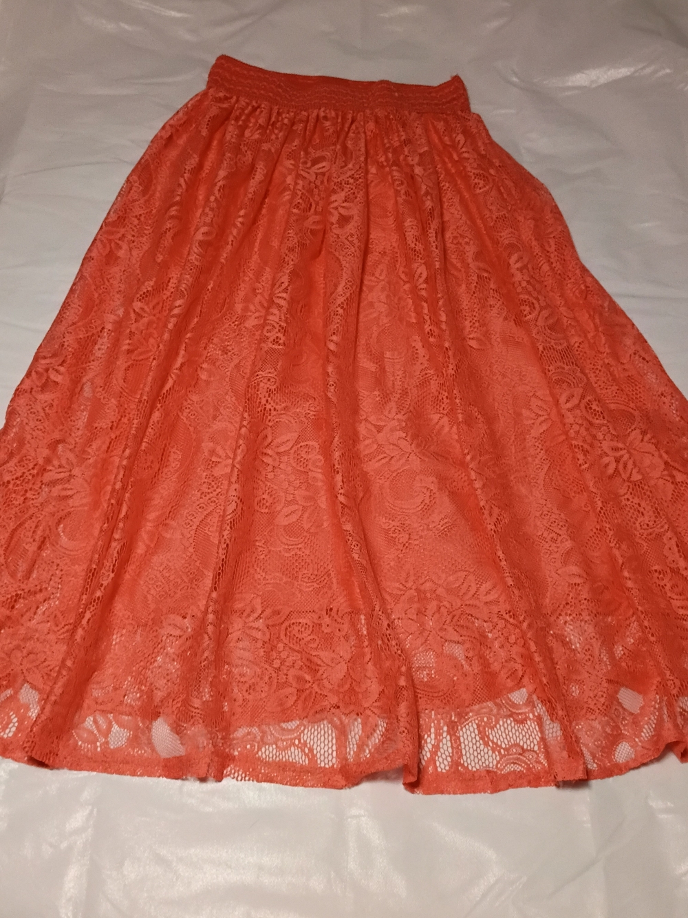 Coral Lace Midi Skirt with Elastic Waistband